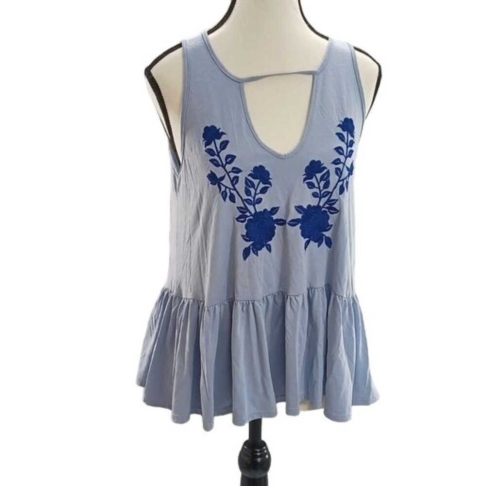 Alya Womens Sleeveless Peplum Top Blue Embroidered Boho Medium